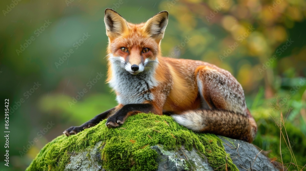 Obraz premium Majestic Wild Fox Perched on Mossy Rock in Natural Forest Habitat