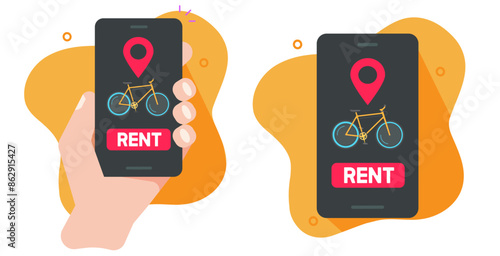 Bike rent app vector, bicycle rental mobile cell phone application on screen icon graphic illustration set modern design flat cartoon, smartphone travel technology image clip art