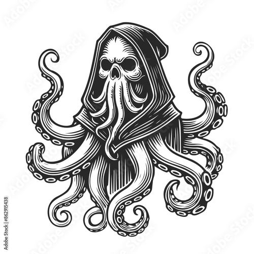 wizard skull octopus, tattoo line art illustration.