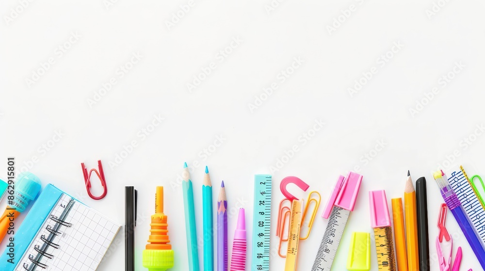 A neatly arranged double border of school supplies on a white background, featuring highlighters, notebooks, and rulers, with clear copy space in the center for messages A neatly arranged double border of school supplies on a white background, featuring highlighters, notebooks, and rulers, with clear copy space in the center for messages