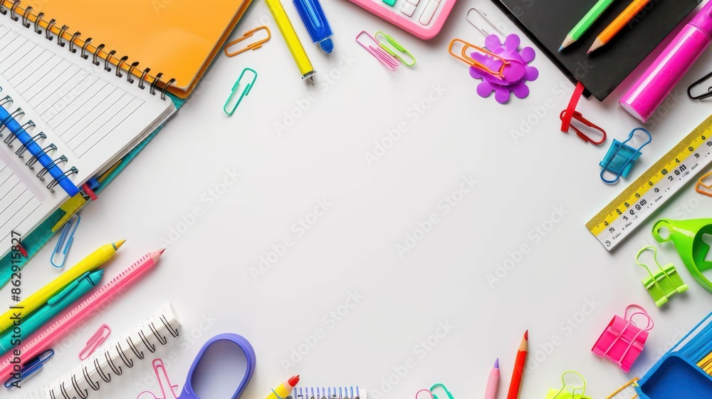 A neatly arranged double border of school supplies on a white background, featuring highlighters, notebooks, and rulers, with clear copy space in the center for messages A neatly arranged double border of school supplies on a white background, featuring highlighters, notebooks, and rulers, with clear copy space in the center for messages