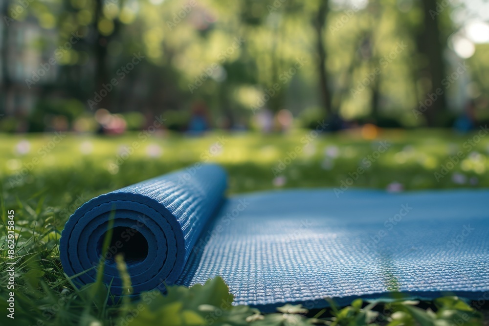 Fototapeta premium Closeup of a yoga mat rolled out on the grass in a park
