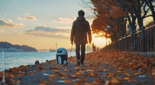 Person Walking Robot Dog Along Coastal Path at Sunset