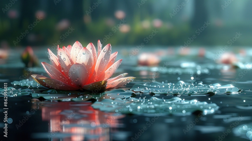 Pink Water Lily Blossom in a Tranquil Pond Pink Water Lily Blossom in a Tranquil Pond