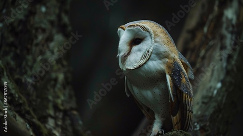 Graceful barn owl in its natural habitat, showcasing its unique white and golden-brown feathers. Copy space for text.