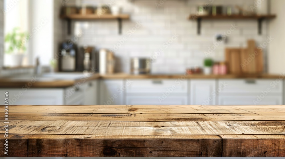 Natural Wood Table Top for Product Display with Blurred Kitchen Background Natural Wood Table Top for Product Display with Blurred Kitchen Background