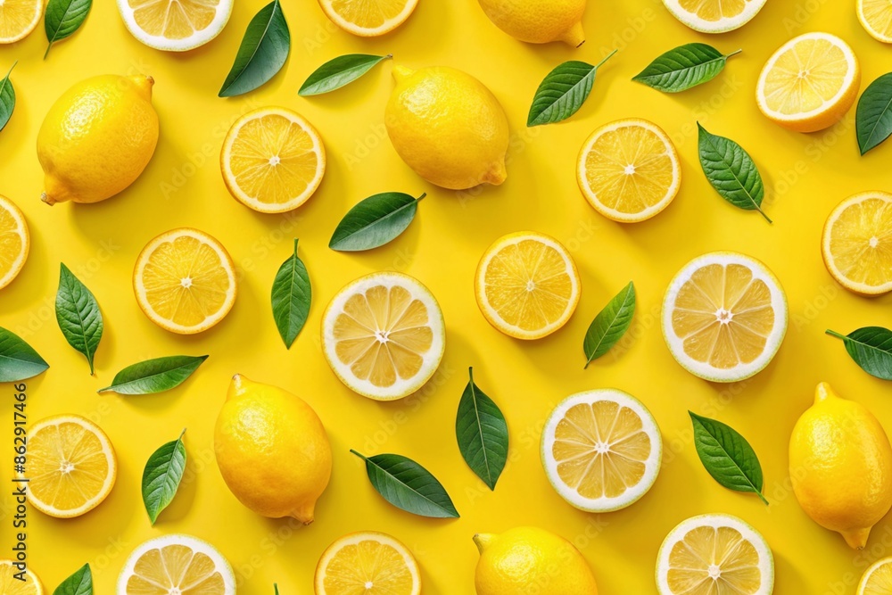 Pattern of fresh lemons on the yellow background Pattern of fresh lemons on the yellow background
