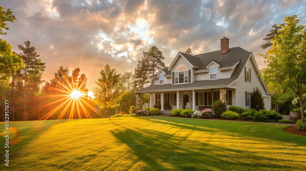 Golden Hour Glow: Stunning Colonial American House illuminated by Sunset Golden Hour Glow: Stunning Colonial American House illuminated by Sunset