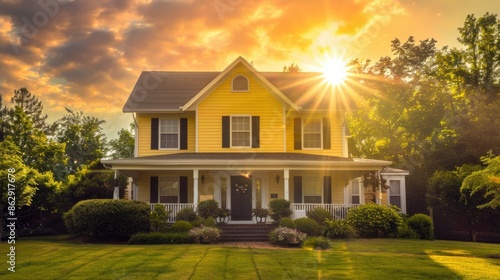 Amber Glow: Stunning Colonial American House Bathed in Sunset Light © thesweetsheep