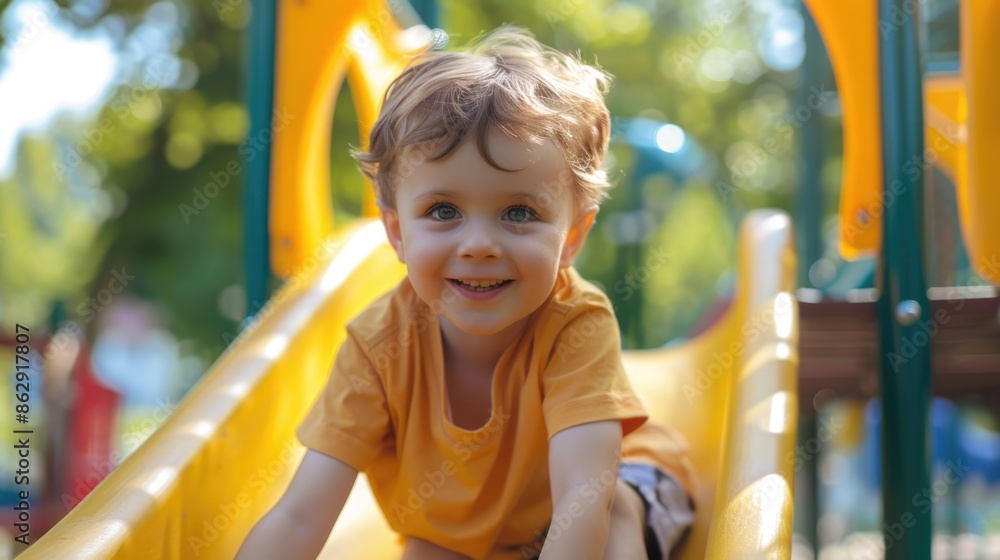 Joyful Preschooler Boy Having Fun on Slide at Summer Playground Joyful Preschooler Boy Having Fun on Slide at Summer Playground
