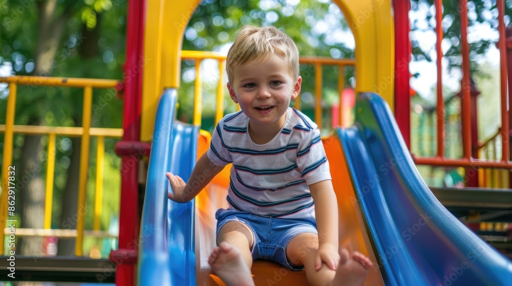 Joyful Preschooler Boy Enjoying Summer Fun on Playground Slide Joyful Preschooler Boy Enjoying Summer Fun on Playground Slide