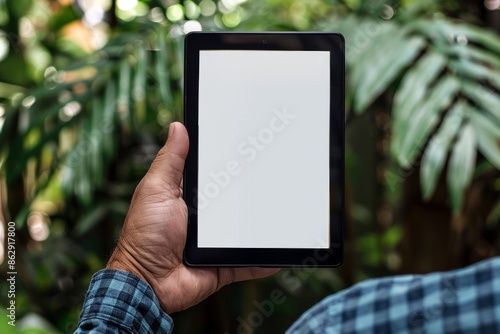 App view beside a shoulder of a man holding an ebook with a fully white screen