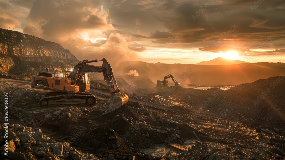 mining construction site Heavy machinery excavator working at sunset for contractor on construction site mining construction site Heavy machinery excavator working at sunset for contractor on construction site