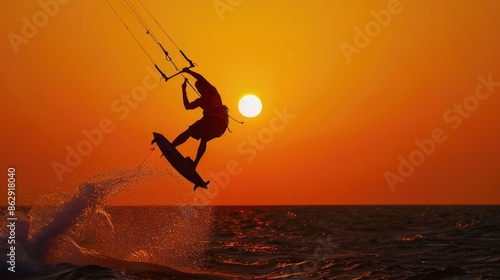 Dynamic Kitesurf Freestyle Performance at Sunset with Colorful Kiteboarding Skills