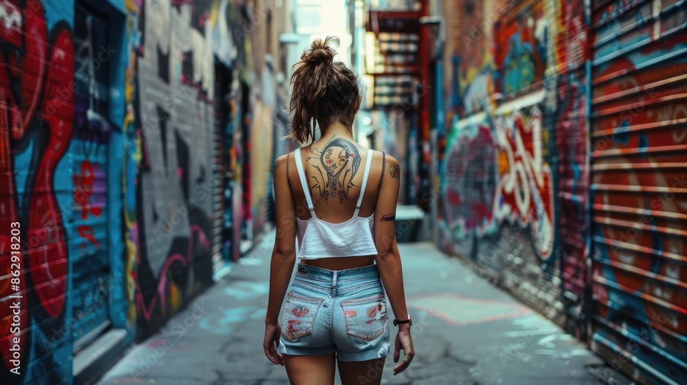 Naklejka premium Vibrant Urban Summer Vibes - Stylish Model Strutting Through Graffiti Alley