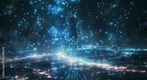 Abstract Human Figure Standing in a Digital Network of Light