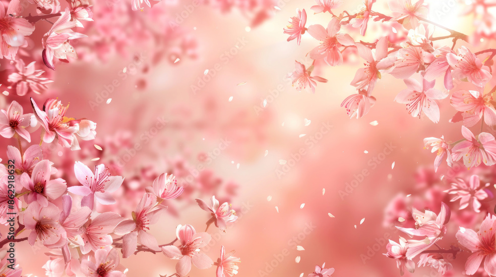 Fototapeta premium Seasonal background with cherry blossoms and spring flowers