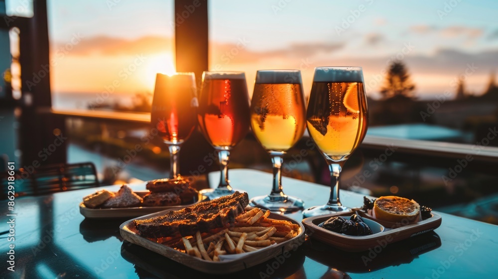 Relaxing Evening with Craft Beer and Snacks - Enjoying a Variety of Beers and Appetizers as the Sun Sets on a Balcony Relaxing Evening with Craft Beer and Snacks - Enjoying a Variety of Beers and Appetizers as the Sun Sets on a Balcony