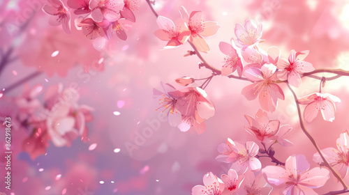Seasonal background with cherry blossoms and spring flowers © NooPaew