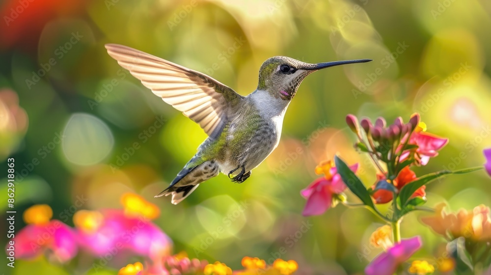 Graceful Hummingbird in Vibrant Flight Among Summer Flowers Graceful Hummingbird in Vibrant Flight Among Summer Flowers