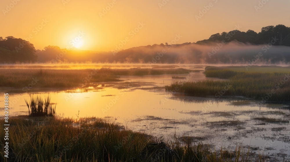 Fototapeta premium Serene Sunrise Over the Marsh - Tranquil Landscape with Golden Sunlight Reflection on Water Surface