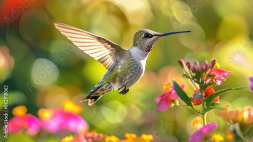 Graceful Hummingbird in Vibrant Flight Among Summer Flowers