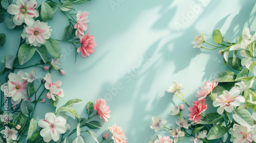 Spring-themed background with pastel flowers and green leaves