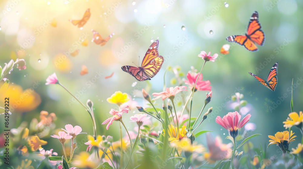 Spring background with butterflies, flowers, and a fresh palette Spring background with butterflies, flowers, and a fresh palette