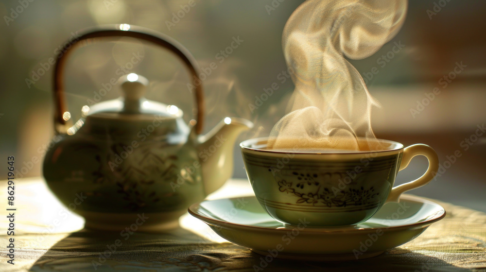 Steaming cup of green tea with a teapot and saucer Steaming cup of green tea with a teapot and saucer