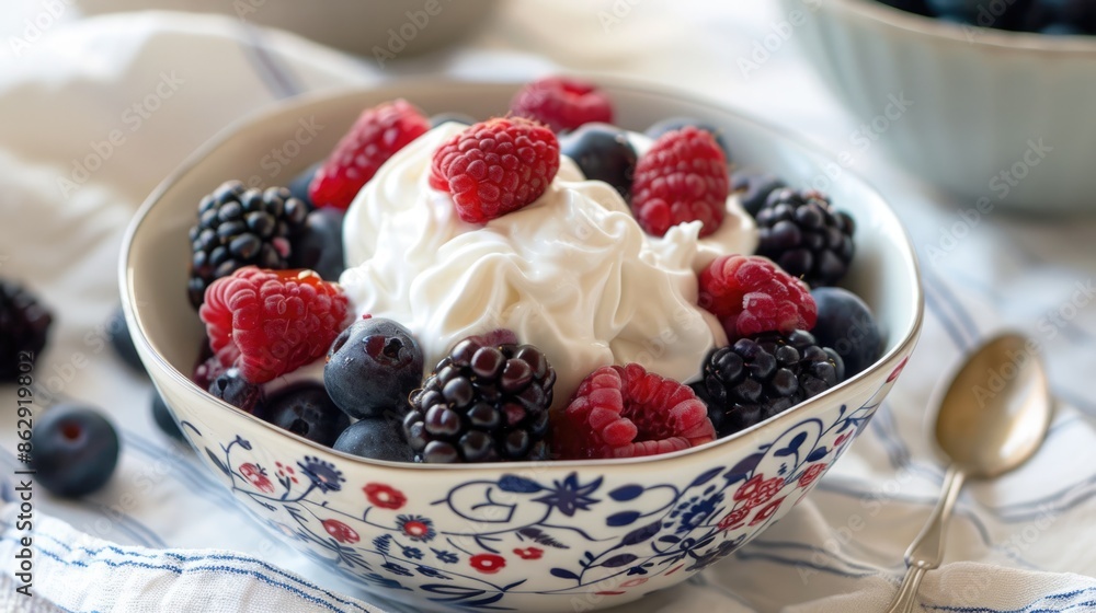 Fresh Berries and Cream Delight: A delectable mix of juicy berries topped with luxurious whipped cream or yogurt for a delightful treat Fresh Berries and Cream Delight: A delectable mix of juicy berries topped with luxurious whipped cream or yogurt for a delightful treat