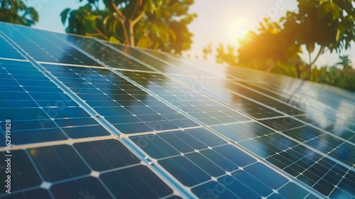 Modern solar panels in a sunlit environment, capturing clean, renewable energy. Sunlight filtering through trees indicates presence of sustainable technology in an eco-friendly setting.