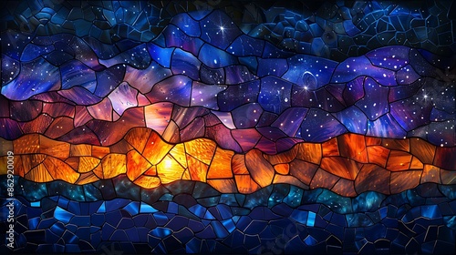 A stained glass mosaic of a starry night sky, dark blues and purples, scattered stars, intricate designs, capturing the beauty of the night, vibrant and detailed, hd quality, natural look --ar 16:9 --