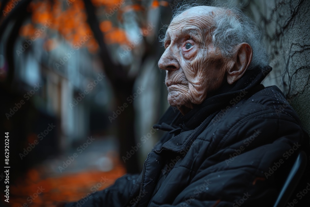 Elderly man in a wheelchair in the park in the fall Elderly man in a wheelchair in the park in the fall