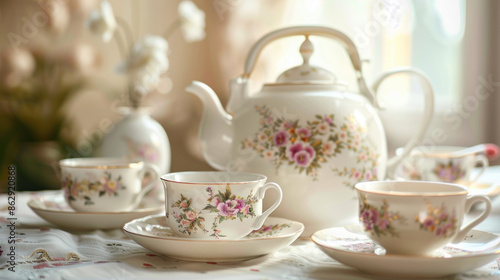Tea pot and cups arranged for an afternoon tea party