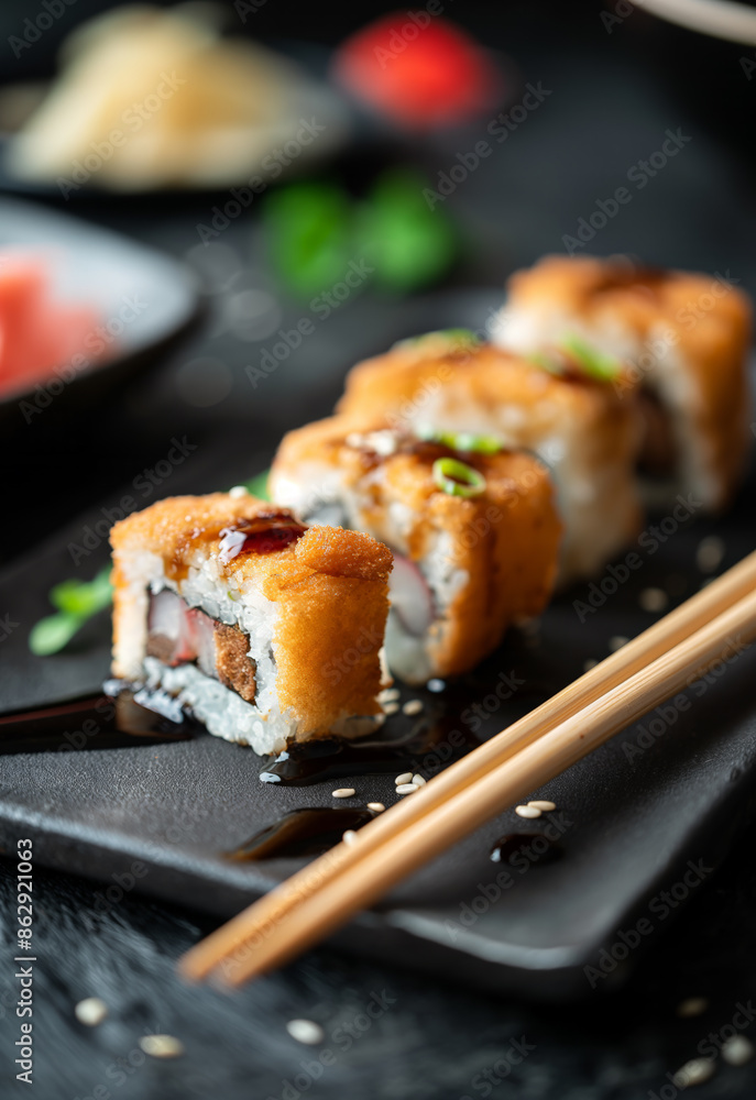 Close-Up of Japanese Hosomaki Sushi with Chopsticks on Beige and Blue Background Close-Up of Japanese Hosomaki Sushi with Chopsticks on Beige and Blue Background