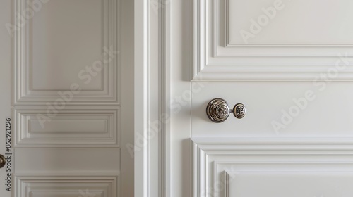 White door in classic style with metal handle close to copy space wall at living room. Apartment with modern bedroom interior. Knob design, fittings for home  © Emil