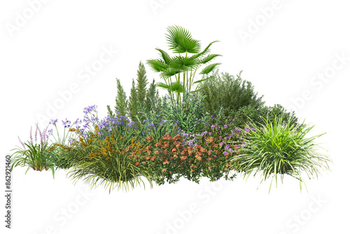Fototapeta Naklejka Na Ścianę i Meble -  Green garden bushes cut out. 3d render group flowers and low shrubs for landscaping