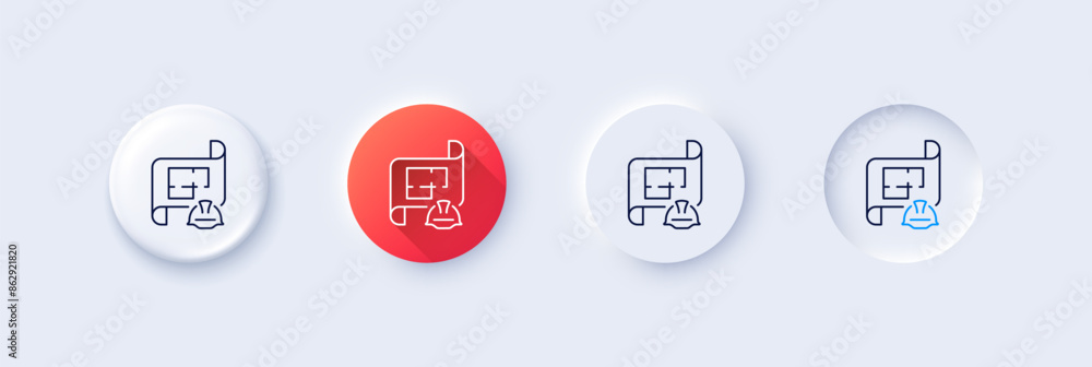 Engineering plan line icon. Neumorphic, Red gradient, 3d pin buttons. Technical documentation sign. Construction helmet symbol. Line icons. Neumorphic buttons with outline signs. Vector Engineering plan line icon. Neumorphic, Red gradient, 3d pin buttons. Technical documentation sign. Construction helmet symbol. Line icons. Neumorphic buttons with outline signs. Vector