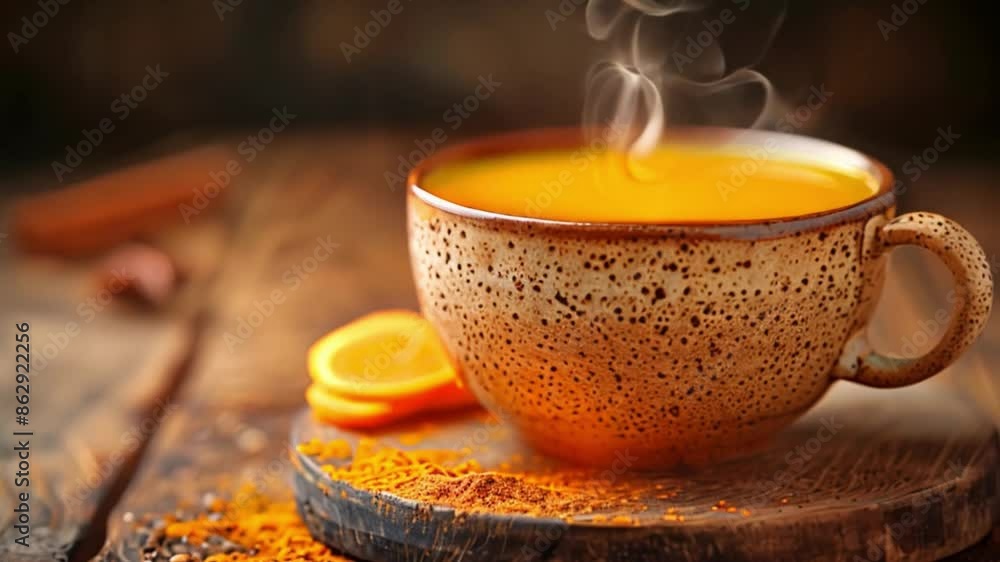 A steaming cup of turmeric tea sits on a wooden surface with orange slices and turmeric powder. A steaming cup of turmeric tea sits on a wooden surface with orange slices and turmeric powder.