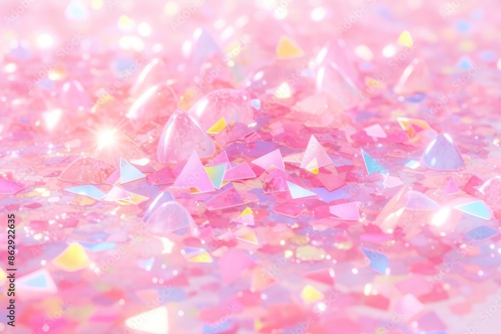 Fototapeta premium Colorful confetti background. Party popper releasing a burst of colorful confetti and streamers. Birthday themed background, glitter, bokeh, birthday, holiday, celebrate, festive.