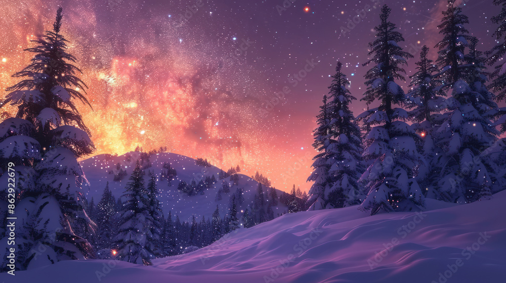 Fototapeta premium Winter background with twinkling stars and snow-covered trees