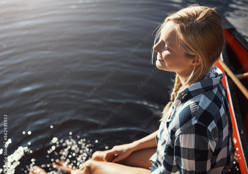 Woman, lake and holiday with feet in water, relax on vacation with calm in nature for wellness. Female person, happiness and river travel with sunshine, kayak for adventure tourism in Canada Woman, lake and holiday with feet in water, relax on vacation with calm in nature for wellness. Female person, happiness and river travel with sunshine, kayak for adventure tourism in Canada