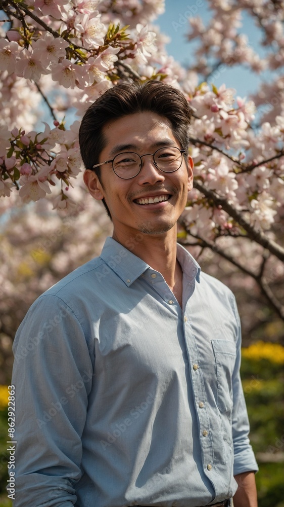 Smiling man stands before cherry blossoms in full bloom. Attire light blue button-up shirt, partially unbuttoned at top, suggesting relaxed mood. Smiling man stands before cherry blossoms in full bloom. Attire light blue button-up shirt, partially unbuttoned at top, suggesting relaxed mood.