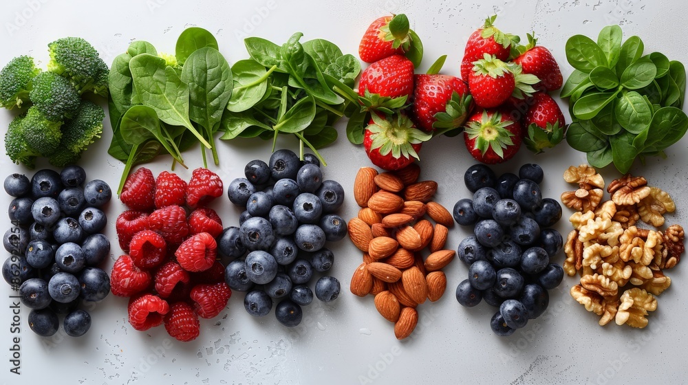 Healthy Smoothie Ingredients: ingredients for a healthy smoothie, like berries, spinach, and nuts, artistically arranged on a clean background. Healthy Smoothie Ingredients: ingredients for a healthy smoothie, like berries, spinach, and nuts, artistically arranged on a clean background.