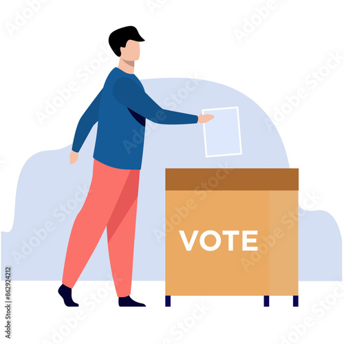 Man putting voting paper into ballot box flat vector illustration. Voting concept.