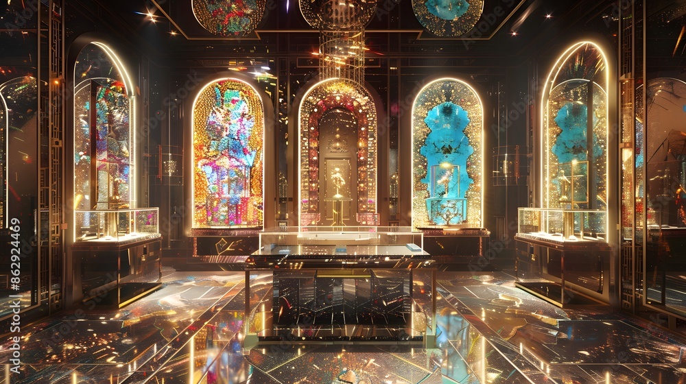 Obraz premium Stage podium with lighting, Stage Podium Scene with for Award Ceremony on blue Background.