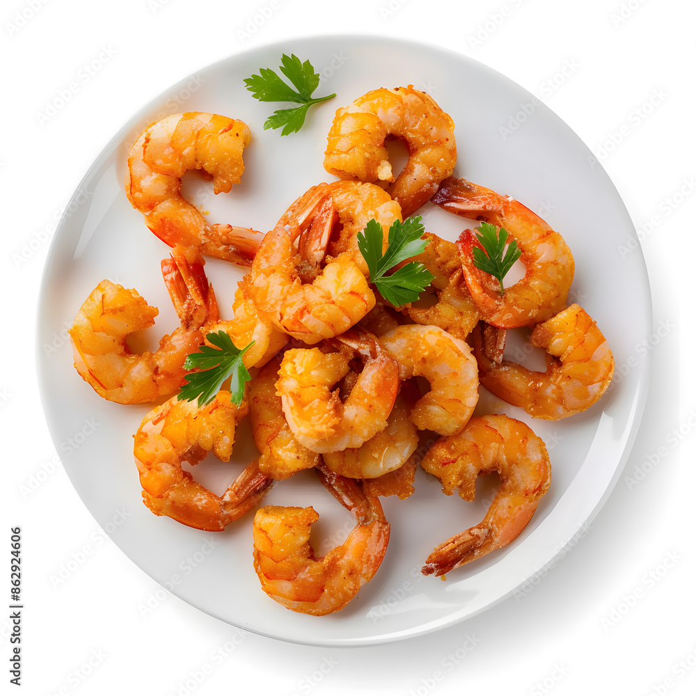 Top view Delicious shrimps on white plate isolated on white background Top view Delicious shrimps on white plate isolated on white background