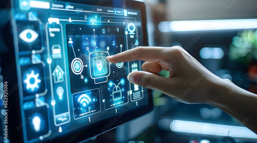 A person is using their hands to interact with a computer screen that is filled with various icons and graphs. Concept of technology and innovation, as the person is using their hands to navigate A person is using their hands to interact with a computer screen that is filled with various icons and graphs. Concept of technology and innovation, as the person is using their hands to navigate