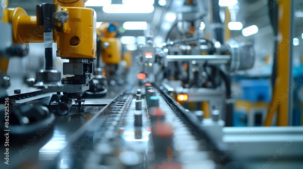 A factory floor with a conveyor belt of products and a yellow robot A factory floor with a conveyor belt of products and a yellow robot