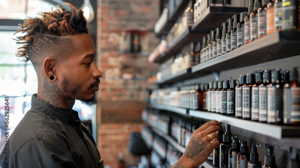 A man with dreadlocks is looking at a shelf of hair products A man with dreadlocks is looking at a shelf of hair products